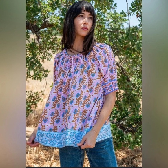 Sz Blockprints Tops - Lavender Floral Boho Peasant Blouse - Women